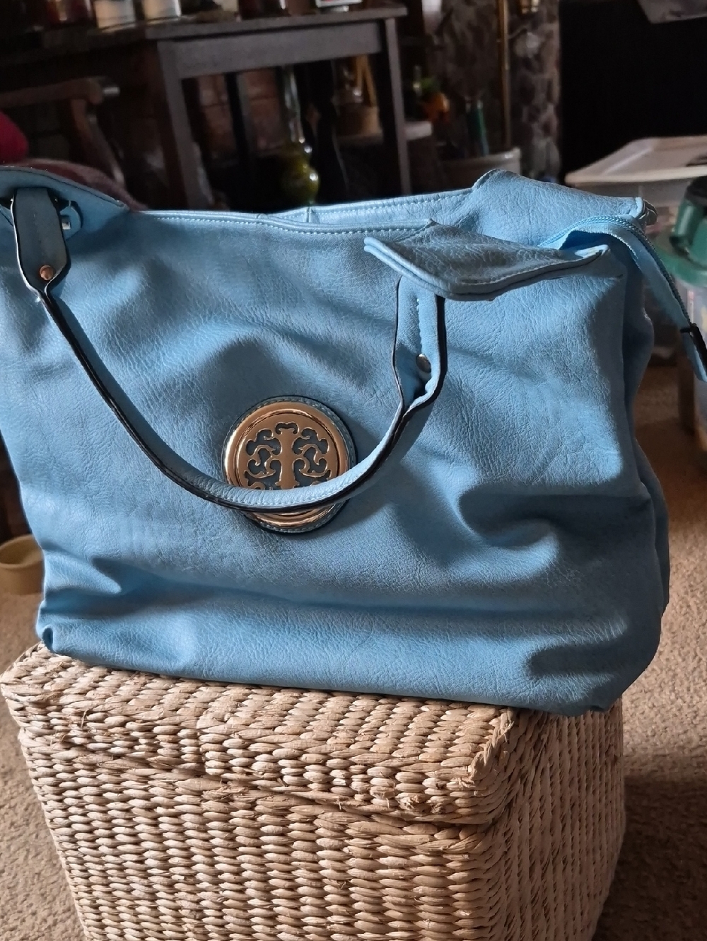 Blue Women's Tote Bag with Gold Medallion